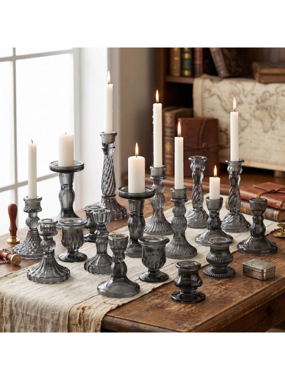 20 Pcs Assorted Black Glass Taper Candle Holders - Elegant Home Decor Set